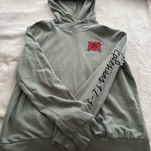 Olive Graphic Hoodie with Rose Detail